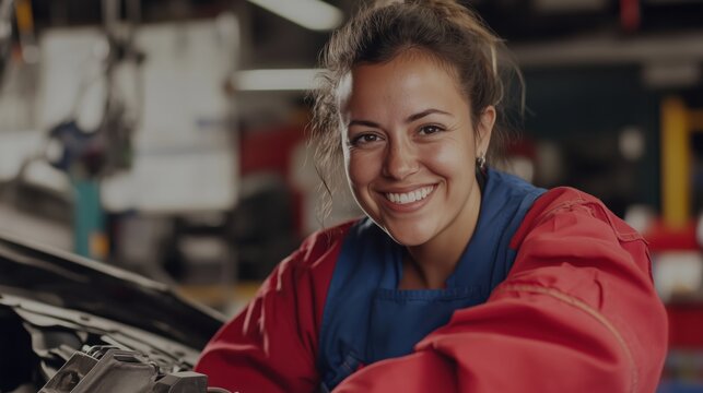 Smiling female car mechanic in workshop setting - automotive repair concept