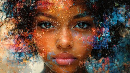 Digital collage of multicultural individuals, blended with organic textures, geometric designs, and ethereal objects