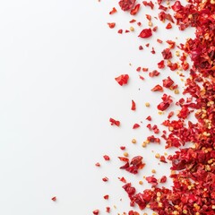 Dried red chili pepper flakes and seeds isolated on white background, essential for adding heat to any dish.