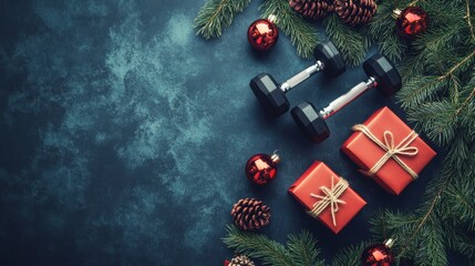 Christmas gift boxes gym workout dumbbells tree branches and decorations. Exercise equipment as present idea. Sport gifts flat lay composition with copy space. Healthy fitness winter holiday season.