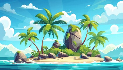 Seaside serenity. Sunny beach. Tropical landscape with palm trees. Tropical island escape a hidden paradise. Cartoon 2d game illustration background.