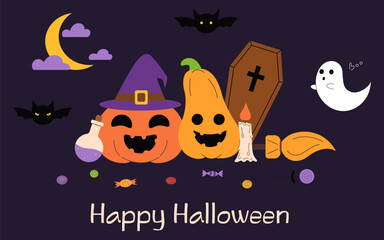 Halloween greeting card with different cute cartoon objects: pumpkin, ghost, bats, potions, candle, candies on dark background. Vector halloween card, banner or poster template