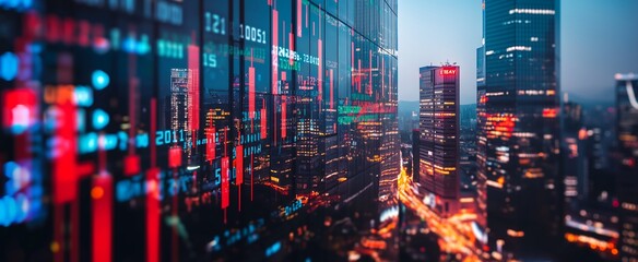 Fototapeta premium Silhouettes of skyscrapers with superimposed stock market graphs. photo, professional color grading, soft shadows, no contrast, highly detailed, clean sharp focus