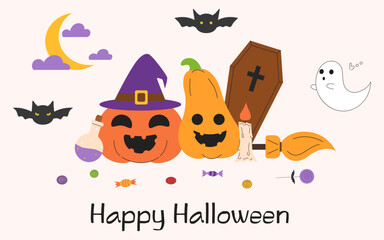 Halloween greeting card with different cute cartoon objects: pumpkin, ghost, bats, potions, candle, candies on light background. Vector halloween card, banner or poster template