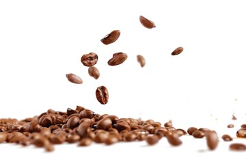 Obraz premium A pile of coffee beans falls through the air in this realistic and detailed photo