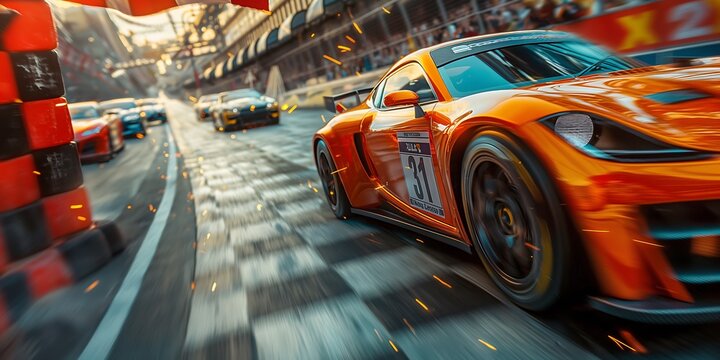 Gesture of waving a flag and starting a race car on the side of a congested lane at a referee's station, where there are many racing cars on the track