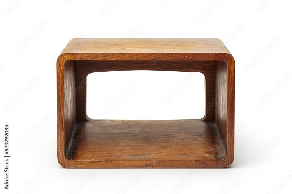 Poster a small wooden table with a clean and simple white background, perfect for use as a placeholder or i