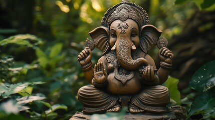 Fototapeta premium Ganesha Statue in a Lush Green Setting