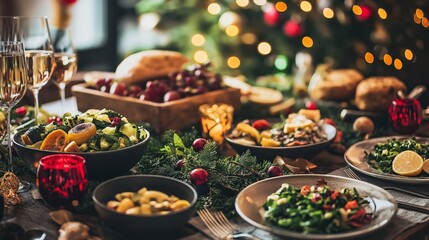 Vegan Christmas dinner table set with festive decorations and a variety of colorful dishes