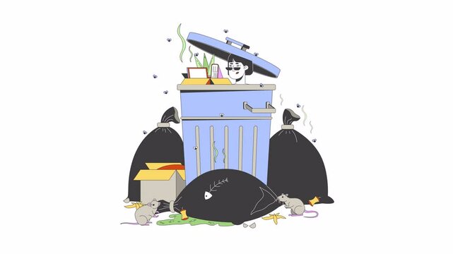 Depressed asian woman inside trash bin cartoon animation. Feeling wasted and useless 4K video motion graphic. Korean female fired from job animated 2D character isolated on white background