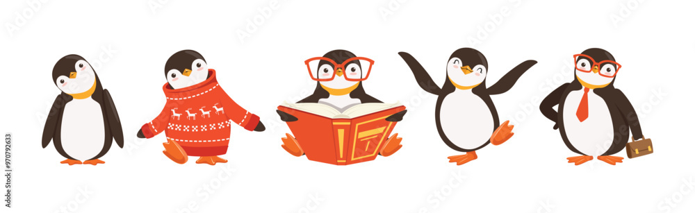 Poster cute penguin character engaged in different activity vector set