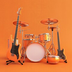 Naklejka premium Set of electric acoustic guitars, amplifiers and drums with metal cymbals on orange background. 3d render of musical percussion instrument, drum machine and drumset with heavy metal guitar