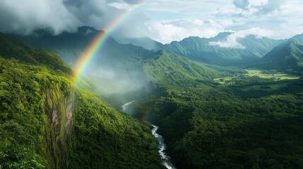 This image showcases a stunning aerial view of a vibrant rainbow arching over a lush, green valley. A winding river meanders through the dense forested landscape.