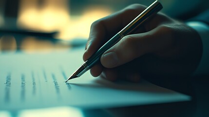 A close-up of a hand holding a pen, poised over a sheet of paper, perfect for themes of writing, business, and communication.