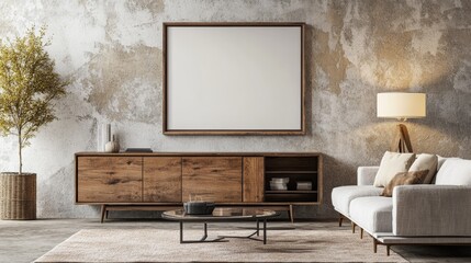 Interior design of modern living room interior with mock up poster frame modern sofa wooden sideboard glass coffee table rug wall with stucco and personal accessories. Home decor. Template.