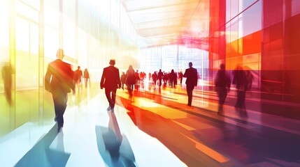 Silhouettes of people walking through a modern, colorful glass building