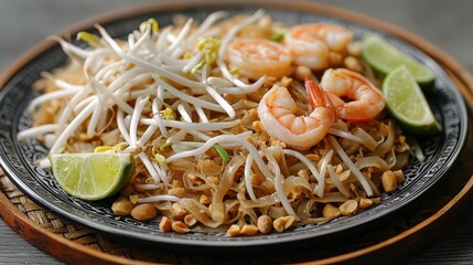 Delicious Pad Thai with Shrimp and Fresh Ingredients on Thai Street Food Tray