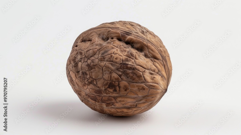 Poster close-up of a single walnut shell on a white background, suitable for use in food or nature-related 