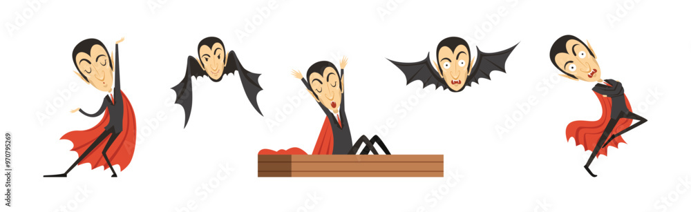Poster count dracula character with fangs wearing red cape vector set