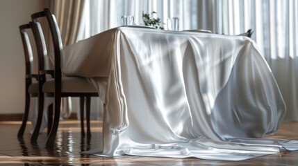 A table with a simple white cloth draped over it