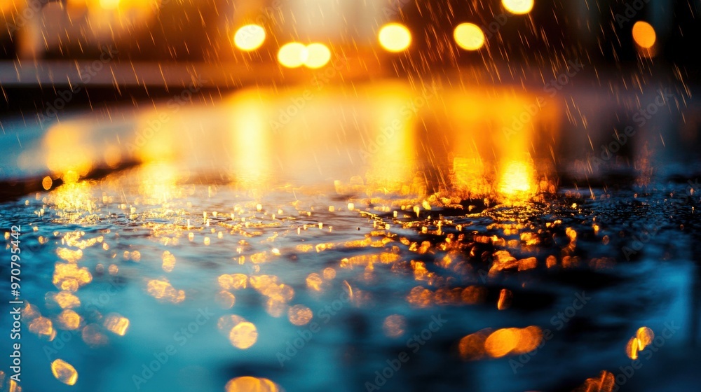 Poster a mesmerizing close-up of rain droplets reflecting golden lights on a wet surface, creating a beauti