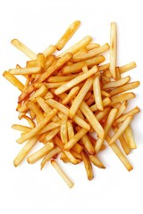 A stack of crispy french fries on a clean white background, perfect for food-related content