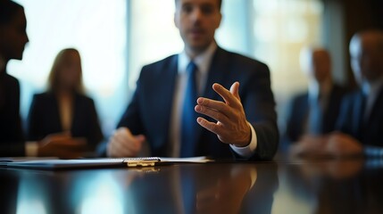 A professional business meeting with a focused discussion and attentive participants in a modern conference room.