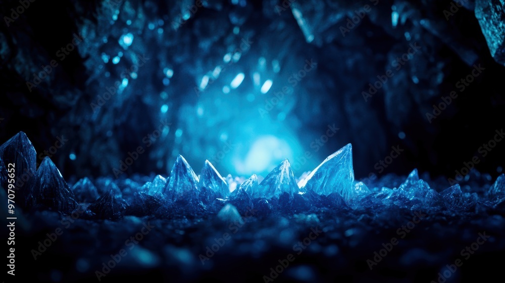 Aufkleber a mesmerizing view of blue crystals in a mystical cave, illuminated by soft light, creating an encha