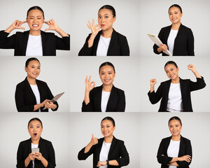 Asian businesswoman demonstrates a wide range of emotions through her facial expressions and hand gestures. She exhibits joy, surprise, and confidence in a professional indoor setting