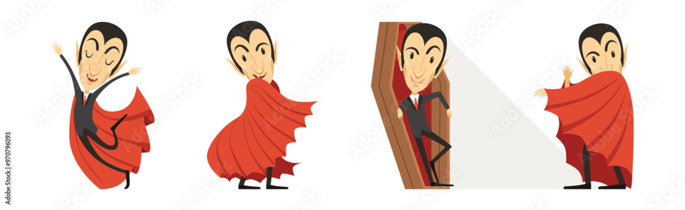 Poster count dracula character with fangs wearing red cape vector set
