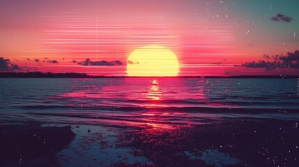 Vhs-style sunset with glitch aesthetic over ocean waves - retro design for posters or digital art