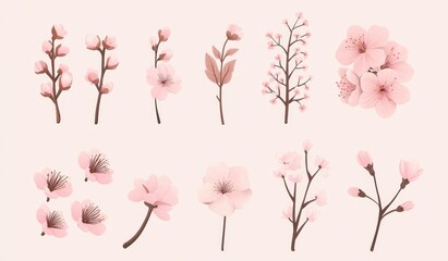 Obraz premium Spring cherry tree blossoms on a blossoming branch, apple, almond, peach or cherry tree blossoms on twigs with pink flowers. Modern illustration for decoration, nature, park, and spring in Asia.