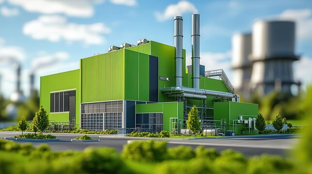 A green factory building made with recycled materials next to a cogeneration system, isolated on a white background with space for industrial sustainability themes