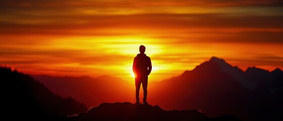 A silhouetted figure stands atop a mountain, gazing at a breathtaking sunset surrounded by majestic peaks.