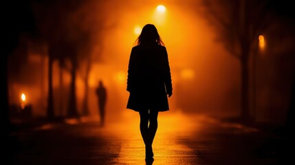 A silhouette of a woman walking alone in a foggy street illuminated by warm streetlights, creating an atmospheric urban scene.