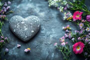 Stone in heart shape with some beautiful flowers and copy space