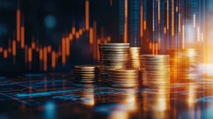 Stack of coins with trading price graph growth.Money business financial graph diagram of coin. Financial growth data or investment market profit bar and success report.Saving money concept.