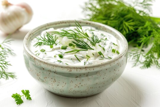 A bowl filled with creamy sour cream and a fresh sprig of dill, perfect for dipping or as a topping