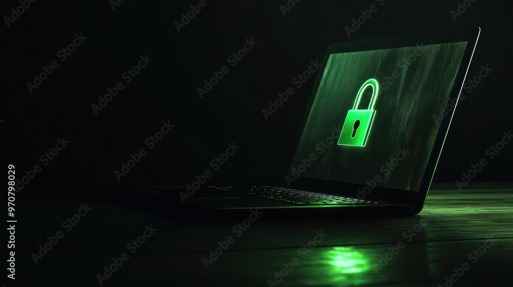 Poster Laptop with a Green Padlock Icon Displaying Data Security