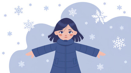 Fototapeta premium Little girl making a snow angel. A young child playing in the snow, making a snow angel with joyful expressions.