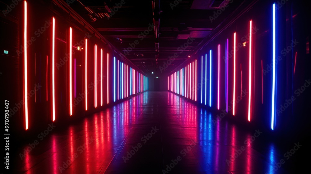 Poster a vibrant corridor illuminated by colorful neon lights creating a stunning visual path in a modern s