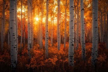 Fototapeta premium Golden autumn sunlight illuminating a grove of birch trees with vibrant orange and yellow leaves during sunset, Ai Generation