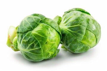 Fototapeta premium Two fresh Brussels sprouts on a clean white surface