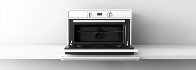 Fototapeta premium A modern realistic set of kitchen cooker with a closed and open oven door, and a black ceramic stovetop isolated on white.