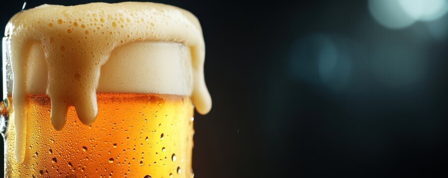 Close-up of a frosty mug of golden beer with frothy foam, perfect for refreshing moments and celebrations