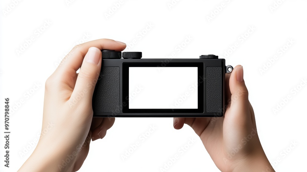 Wall mural hand holding mirrorless camera with white screen isolated on white background.