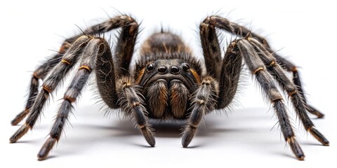 A dark, hairy spider, its eyes gleaming with malevolence, sprawls across a spotless white canvas, its long legs
