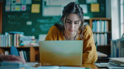 A woman sits in front of a laptop computer, focused on her work