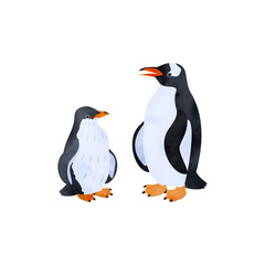 ジェンツーペンギンの雛と成鳥。水彩風イラスト。 Gentoo penguin chick and adult. Watercolor style illustration.