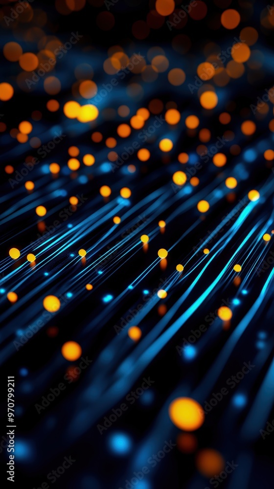 Poster abstract digital background featuring glowing blue strands and vibrant orange lights creating a mesm